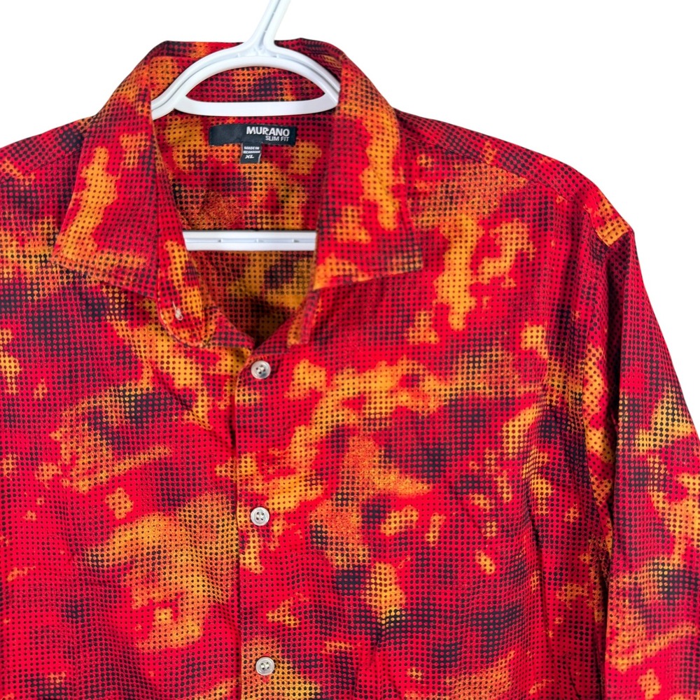 Murano Button Up Shirt Mens XL Red Orange Abstract Dot Print Slim Fit Cotton